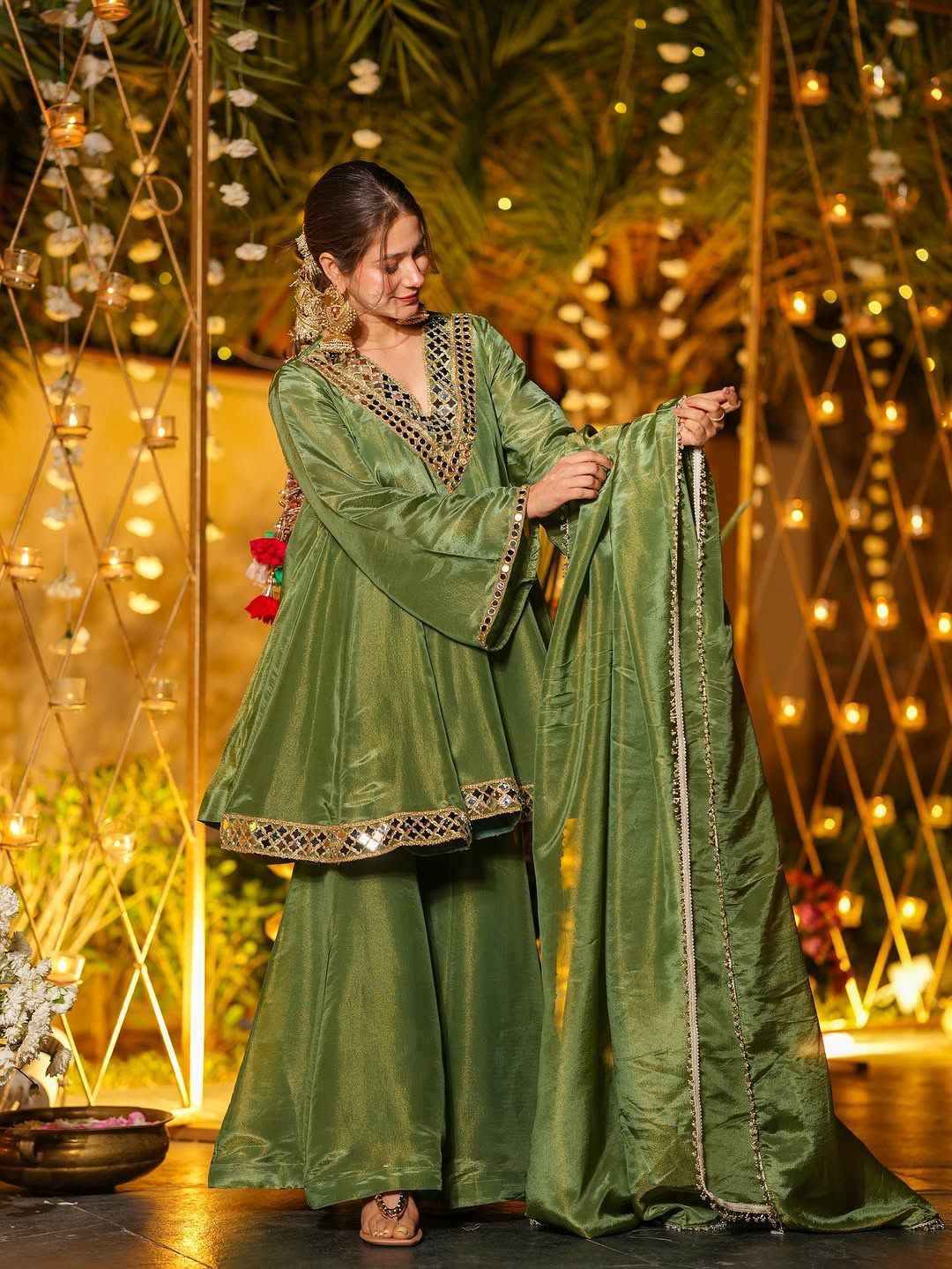 Elegant Cream Cosmos Mirror Work Palazzo Suit Set with Dupatta