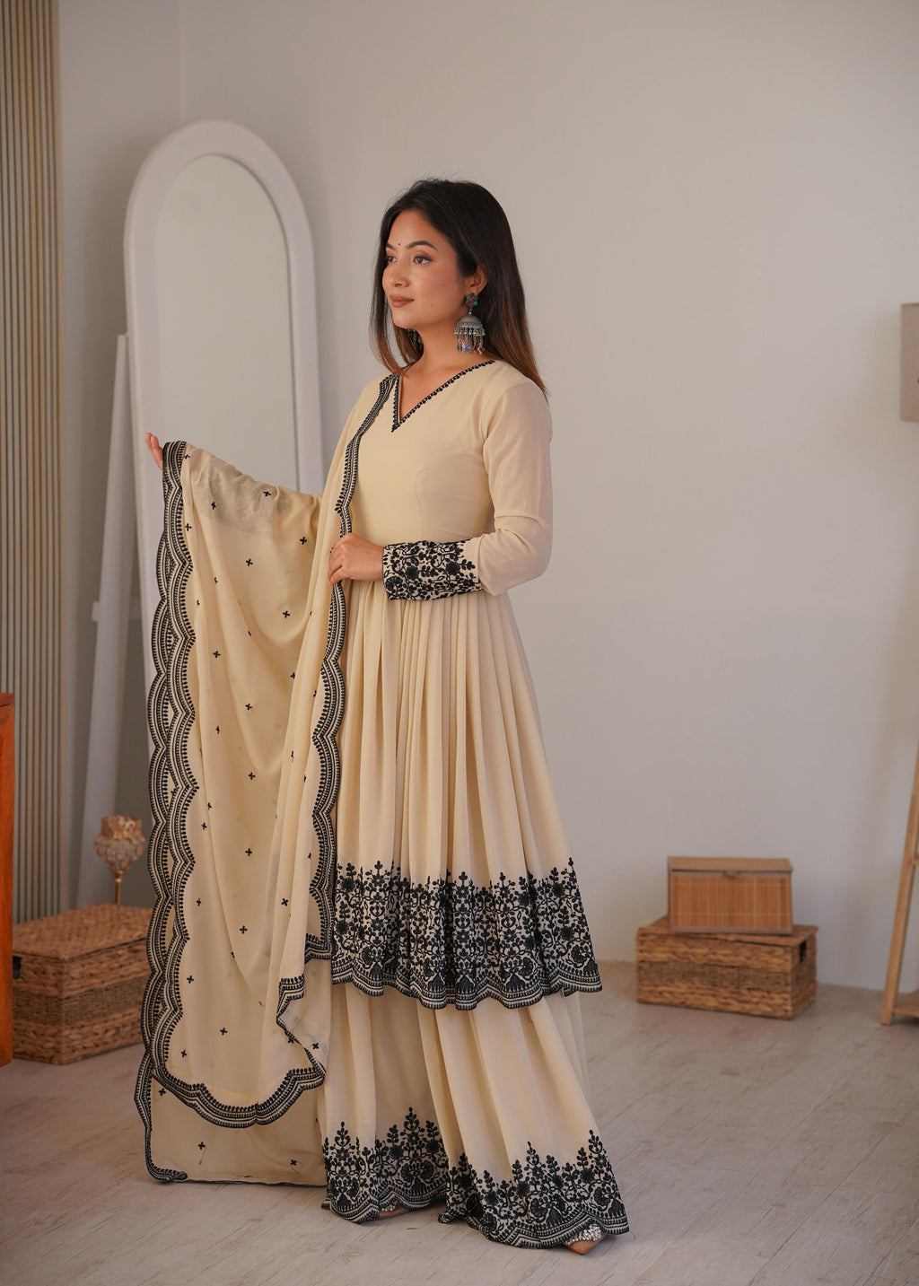 Premium Faux Georgette Embroidered Suit with Stitched Plazzo and Dupatta