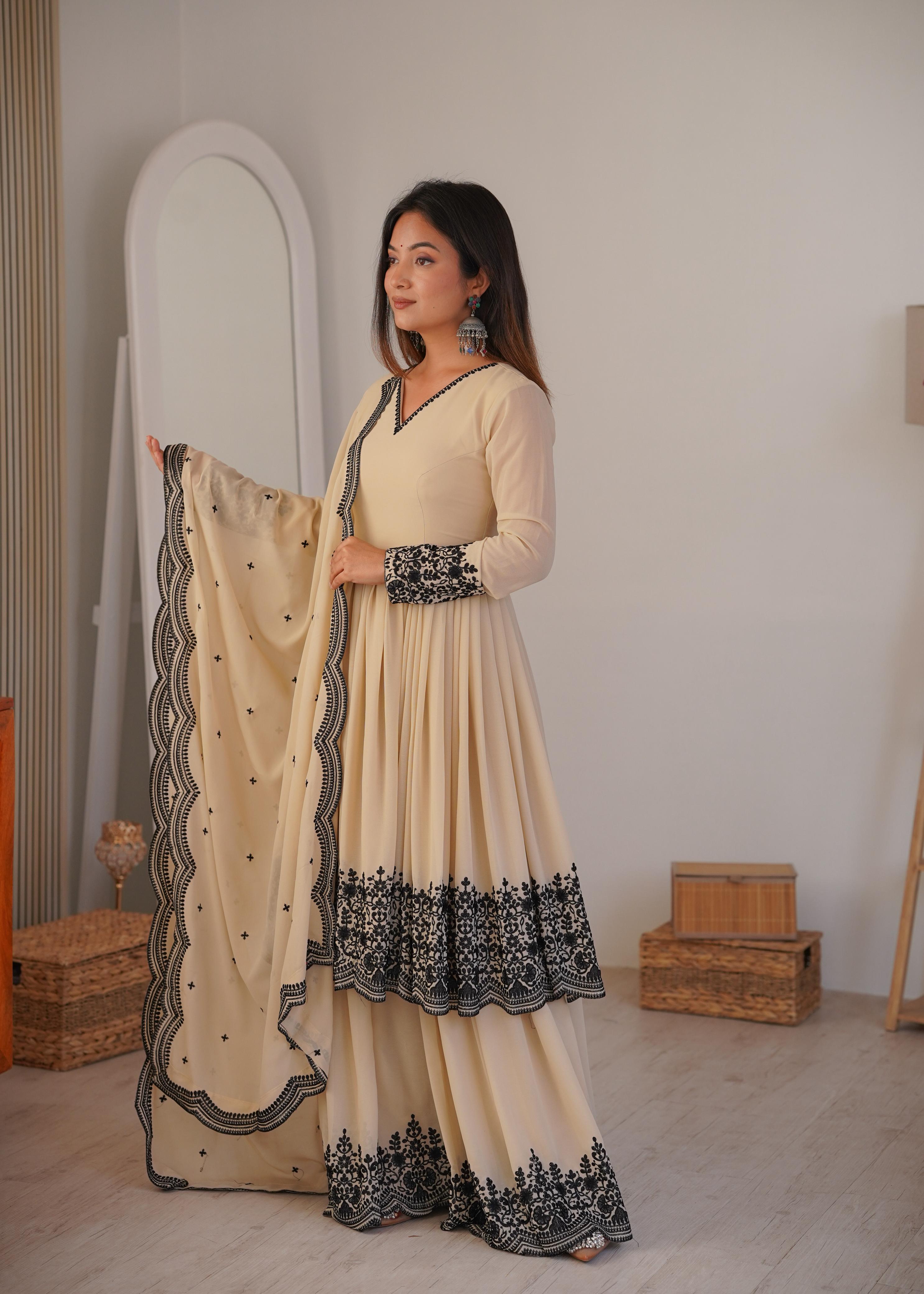 Premium Faux Georgette Embroidered Suit with Stitched Plazzo and Dupatta