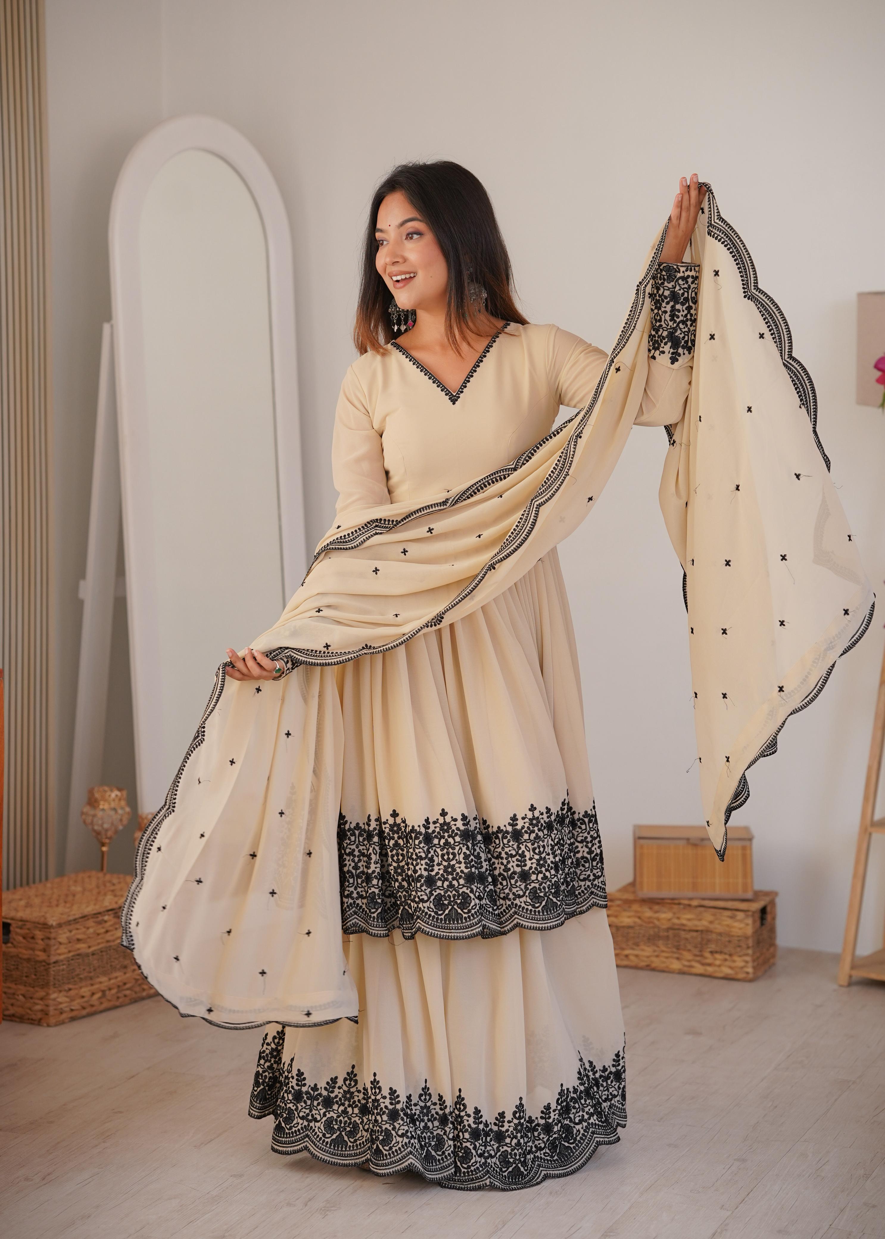 Premium Faux Georgette Embroidered Suit with Stitched Plazzo and Dupatta