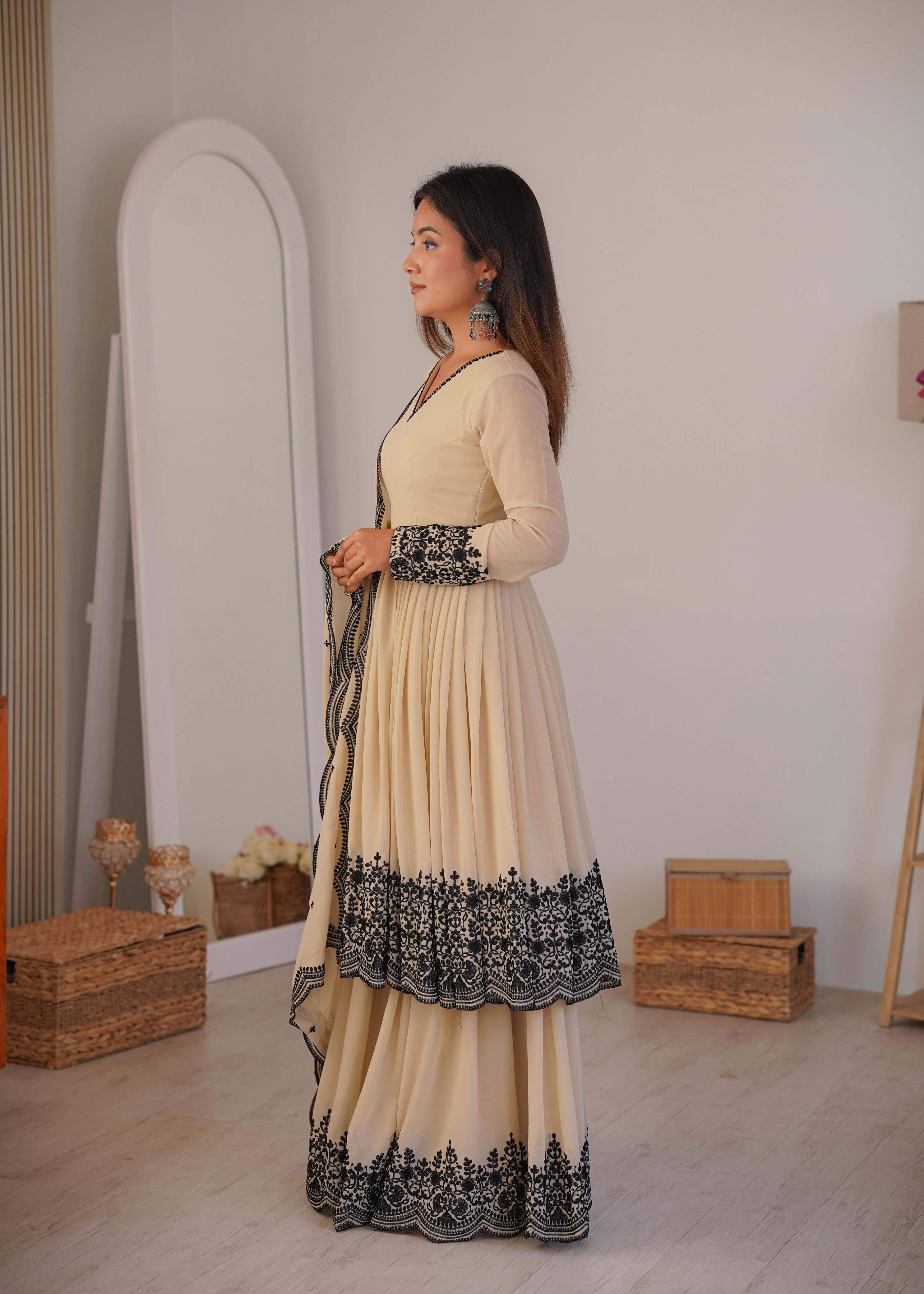 Premium Faux Georgette Embroidered Suit with Stitched Plazzo and Dupatta