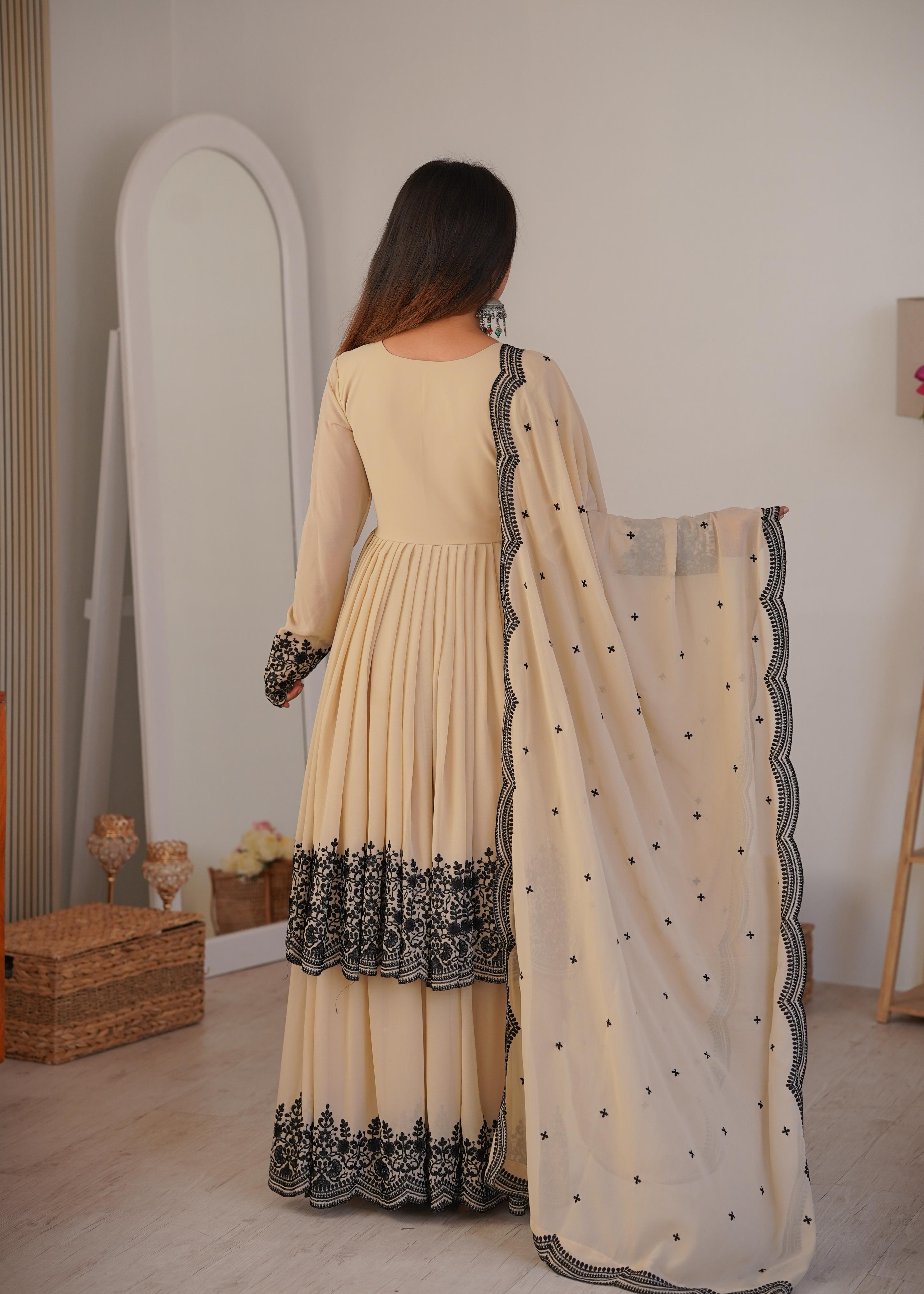 Premium Faux Georgette Embroidered Suit with Stitched Plazzo and Dupatta