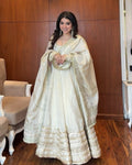 “Off White Soft Silk Designer Anarkali Suit Set with Dupatta”