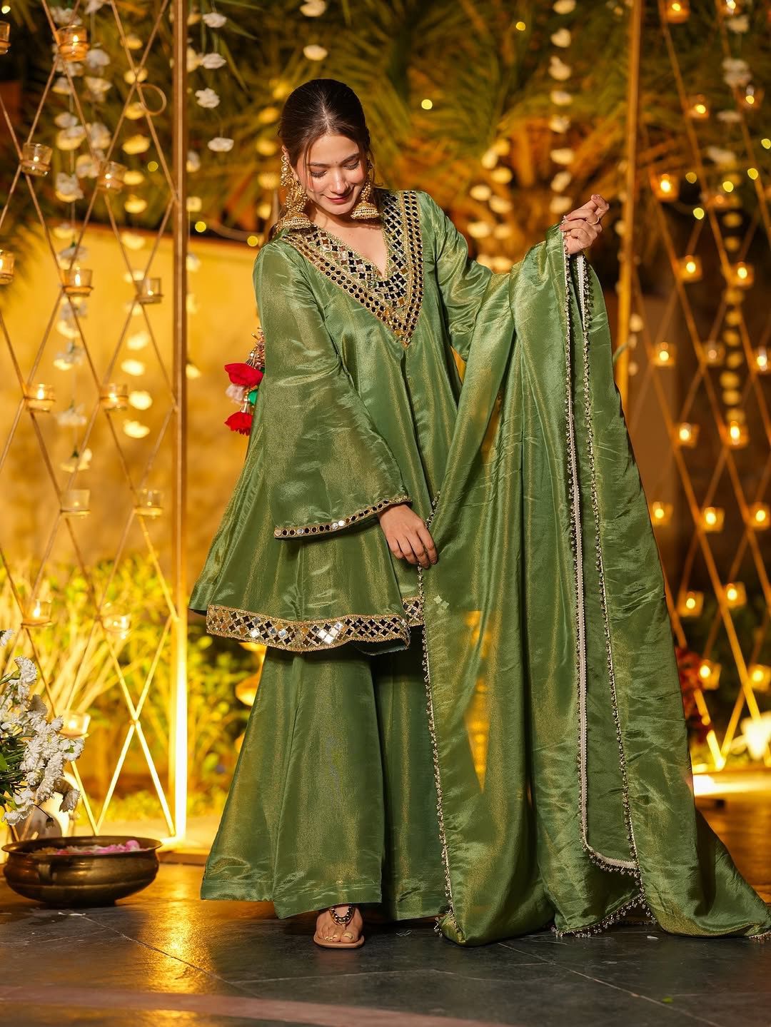 Elegant Cream Cosmos Mirror Work Palazzo Suit Set with Dupatta