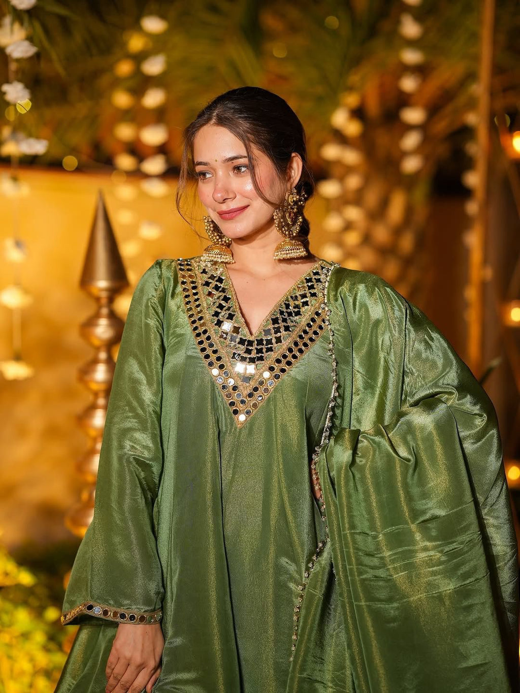 Elegant Cream Cosmos Mirror Work Palazzo Suit Set with Dupatta