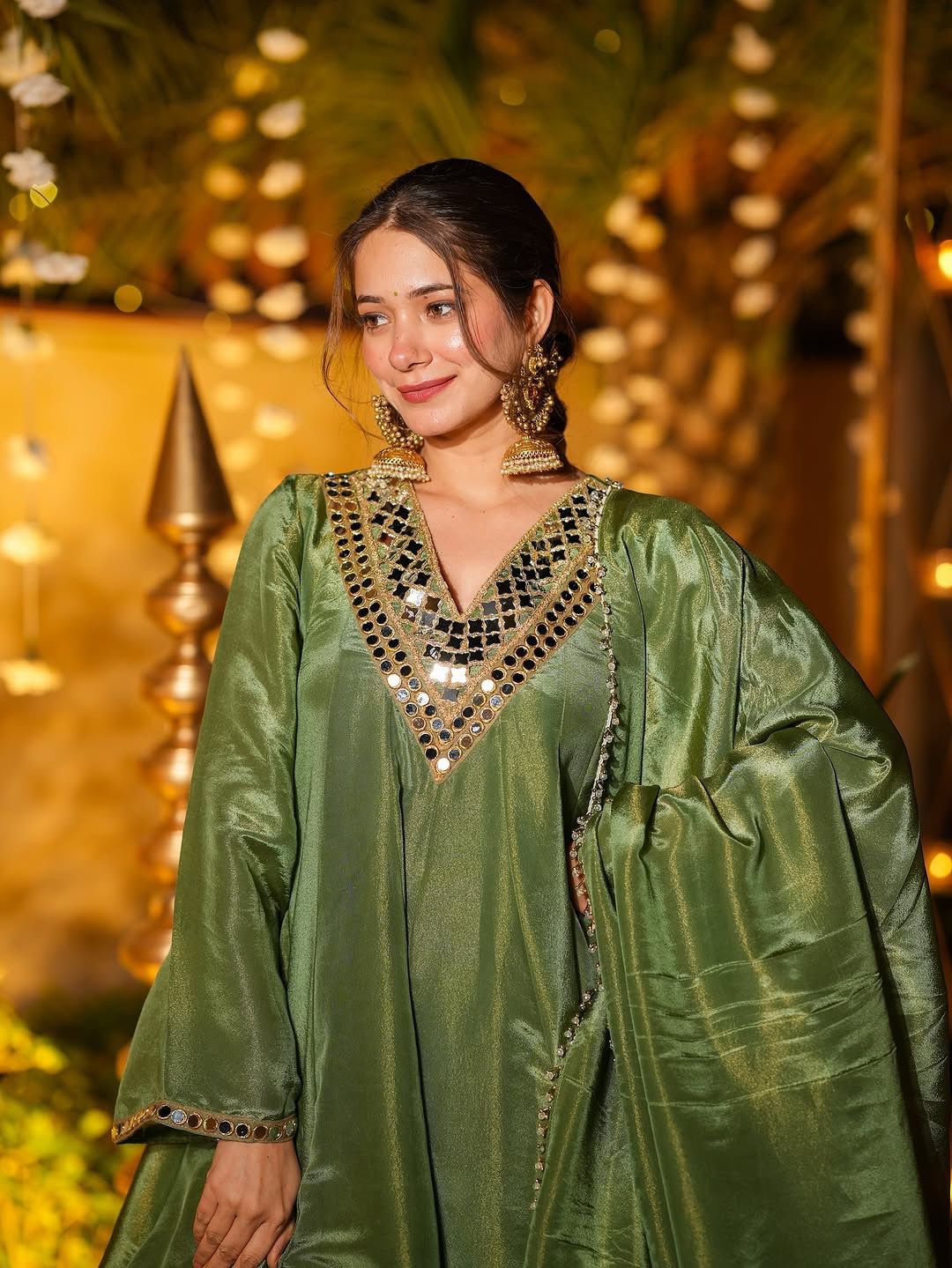 Elegant Cream Cosmos Mirror Work Palazzo Suit Set with Dupatta