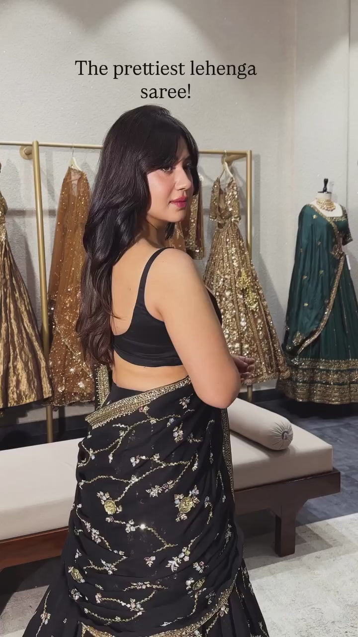 Black Designer Lehenga Saree with Sequins Thread Work & Georgette Drape