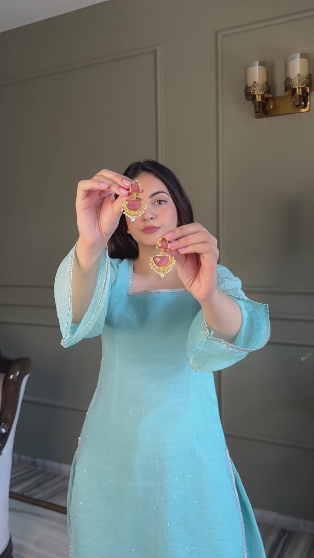 Aqua Blue Crunchy Silk Farshi Salwar Suit with Swarovski Work & Dupatta