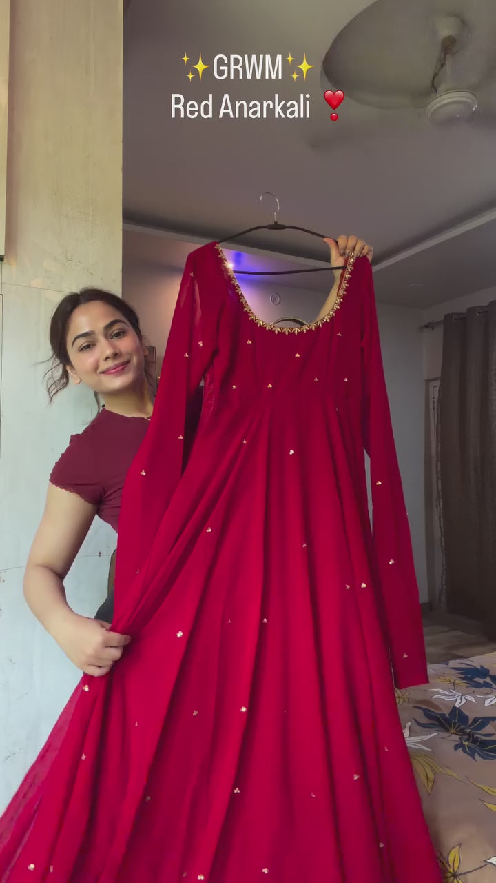 Red Anarkali Suit with Handwork & Pearl Work