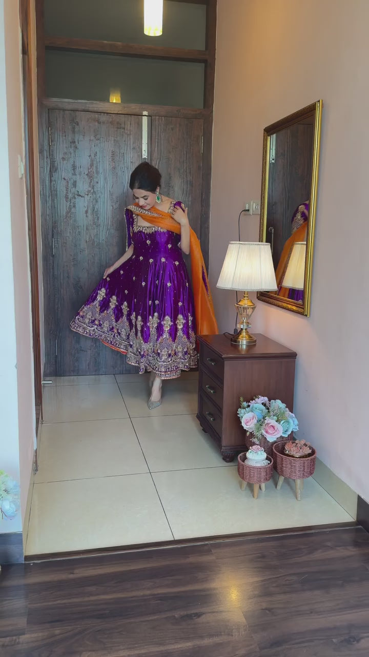 Royal Purple Heavy Silk Embroidered Anarkali Suit Set with Organza Dupatta (3-Piece)