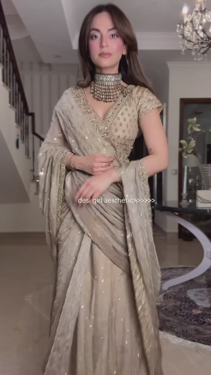Designer Silver Grey Fandy Silk Lehenga Saree with Embroidery Sequence Work