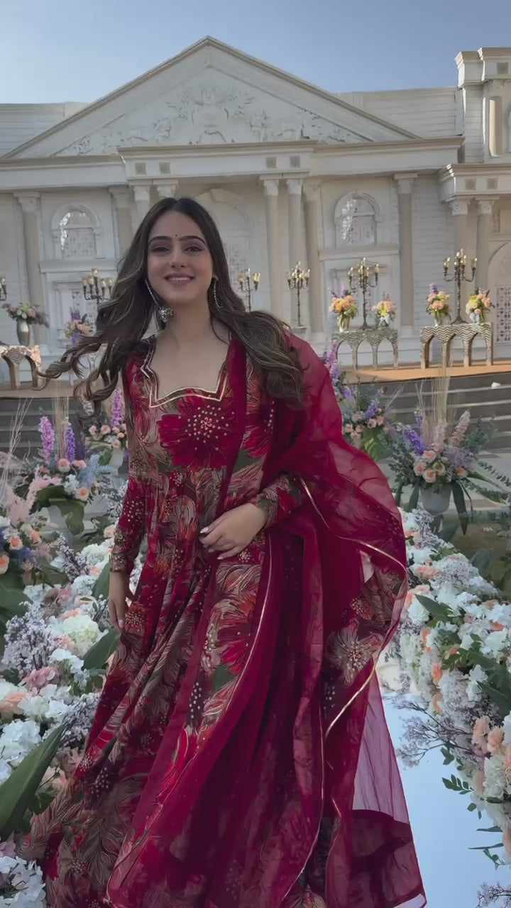 Wine Red Floral Printed Soft Georgette Anarkali Suit Set with Organza Dupatta