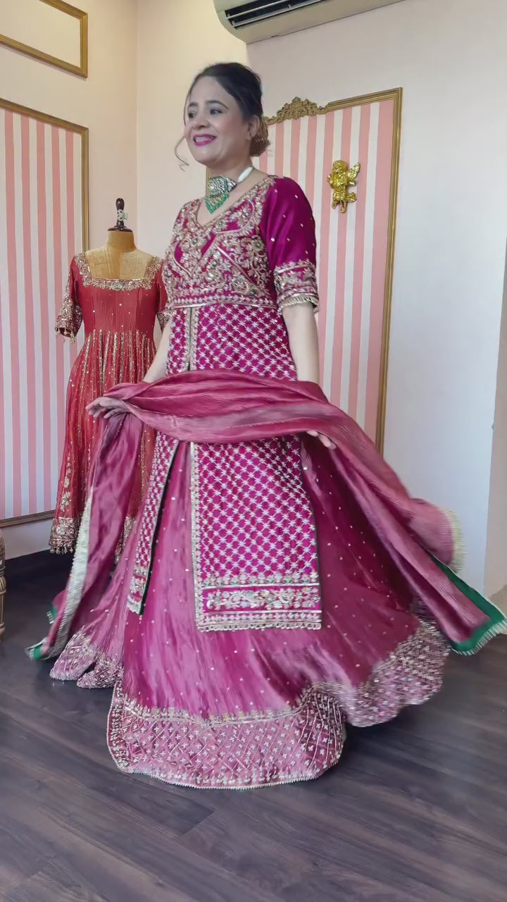 Luxury Chinon Silk Kali-Cut Crop Top and Lehenga Set with Heavy Sequins Embroidery