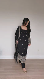 Elegant Faux Georgette Embroidered Straight Kurta Pant Set with Dupatta