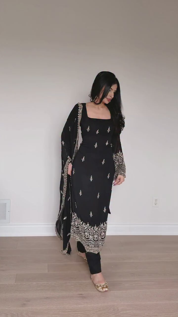 Elegant Faux Georgette Embroidered Straight Kurta Pant Set with Dupatta