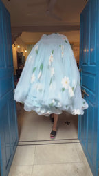 Designer Sky Blue Soft Georgette Ready-to-Wear Lehenga Saree with Floral Print & Pearl Lace Border