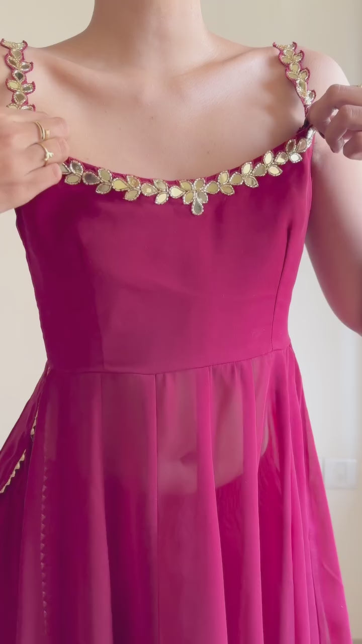 Elegant Maroon Mirror Work Anarkali Suit Set with Dupatta & Sharara – Festive & Wedding Wear