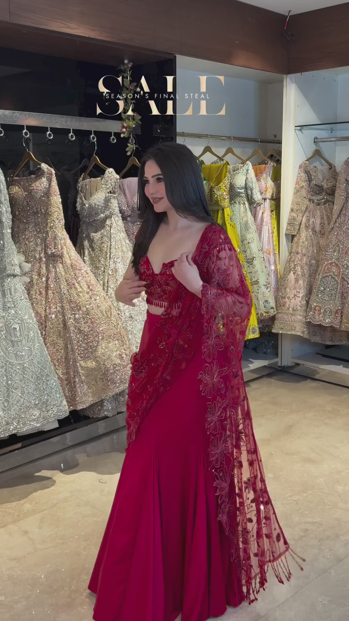 Elegant Red Ready-to-Wear Lehenga Saree with Sequins Embroidery & Designer Choli