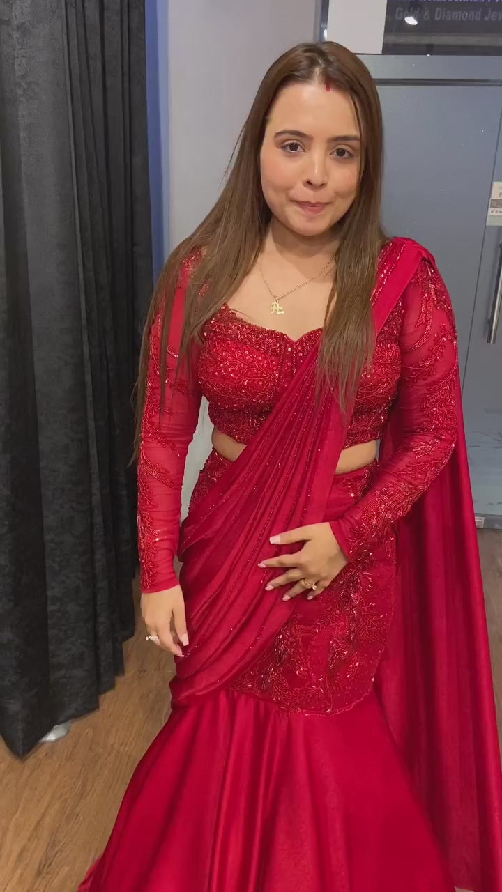 Designer Red Ready-to-Wear Satin Silk Saree with Embroidery & Sequence Work