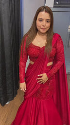 Designer Red Ready-to-Wear Satin Silk Saree with Embroidery & Sequence Work