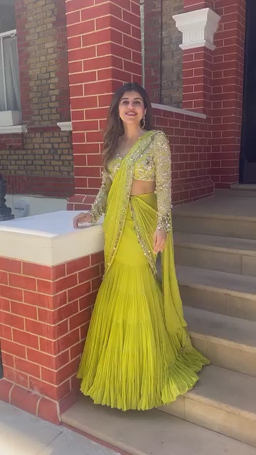 Lemon Lehenga Saree With Beads Hand Work