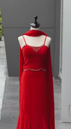 Flame Red Georgette Fishcut Skirt Set with Diamond Work Blouse & Dupatta