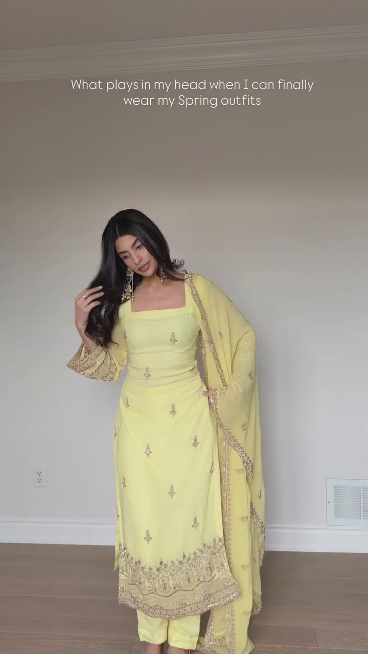 Elegant Faux Georgette Embroidered Straight Kurta Pant Set with Dupatta