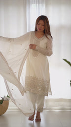 Ivory Pure Chinon Silk Straight Fit Kurta Set with Embroidery, Zari Work & Dupatta – Ready to Wear