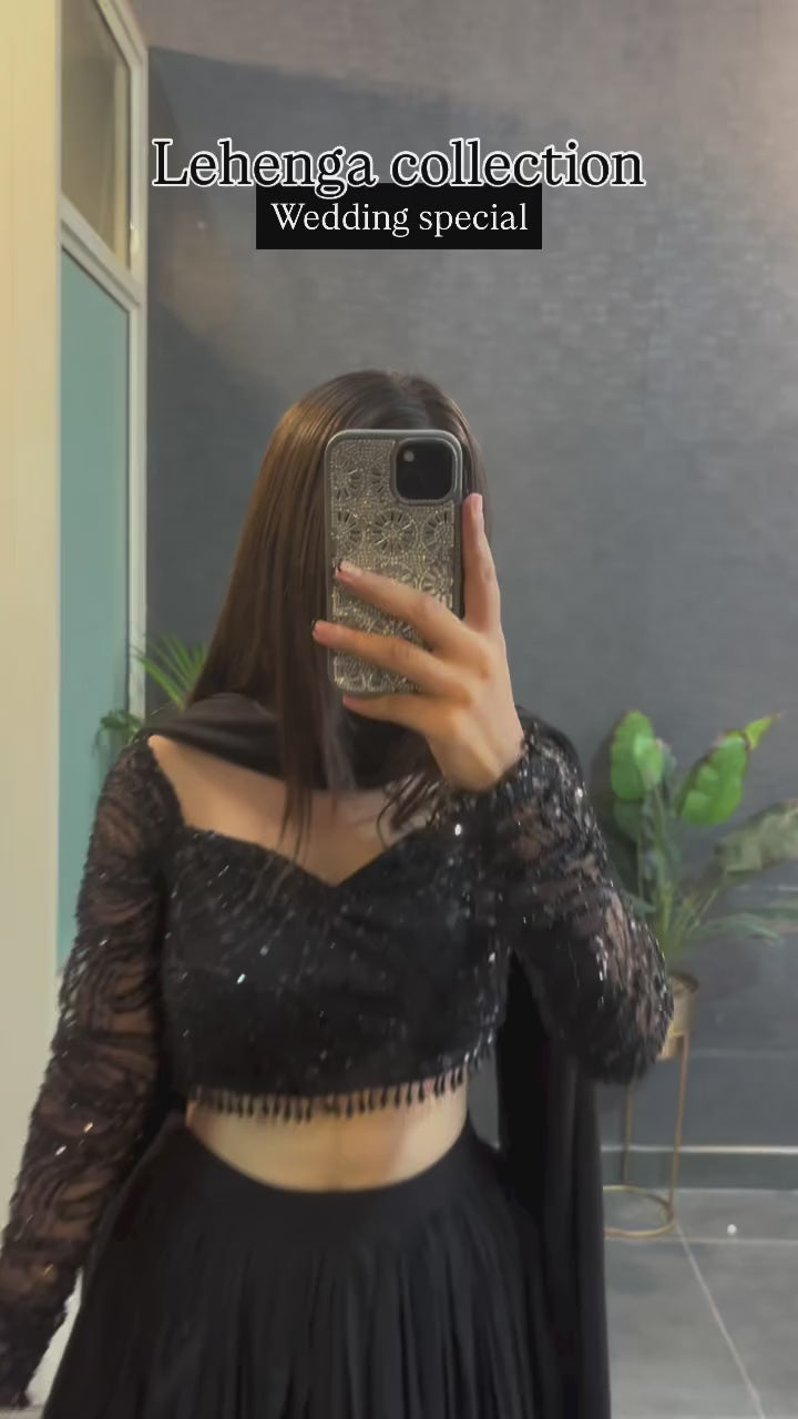 Black Ruffle Georgette Lehenga Set with Sequins Net Blouse & Dupatta – Premium Party & Wedding Wear