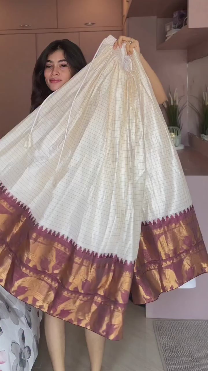 White & Maroon Checks Lehenga Choli with Zari Weaving Work