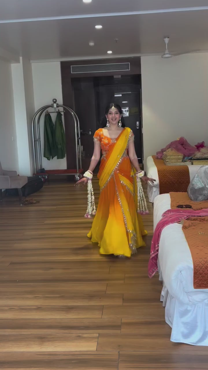 Designer Haldi Georgette Lehenga Saree with Embroidery Sequence & Real Mirror Work Border