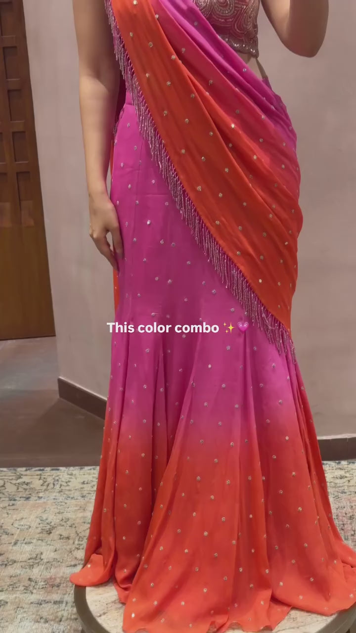 Pink & Orange Fish Cut Lehenga Saree with Real Mirror Work