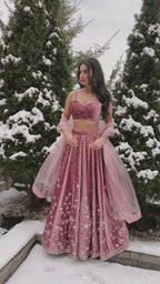 Dusty Rose Japan Satin Designer Lehenga Choli with Coding Dori Sequence Work & Butterfly Net Dupatta