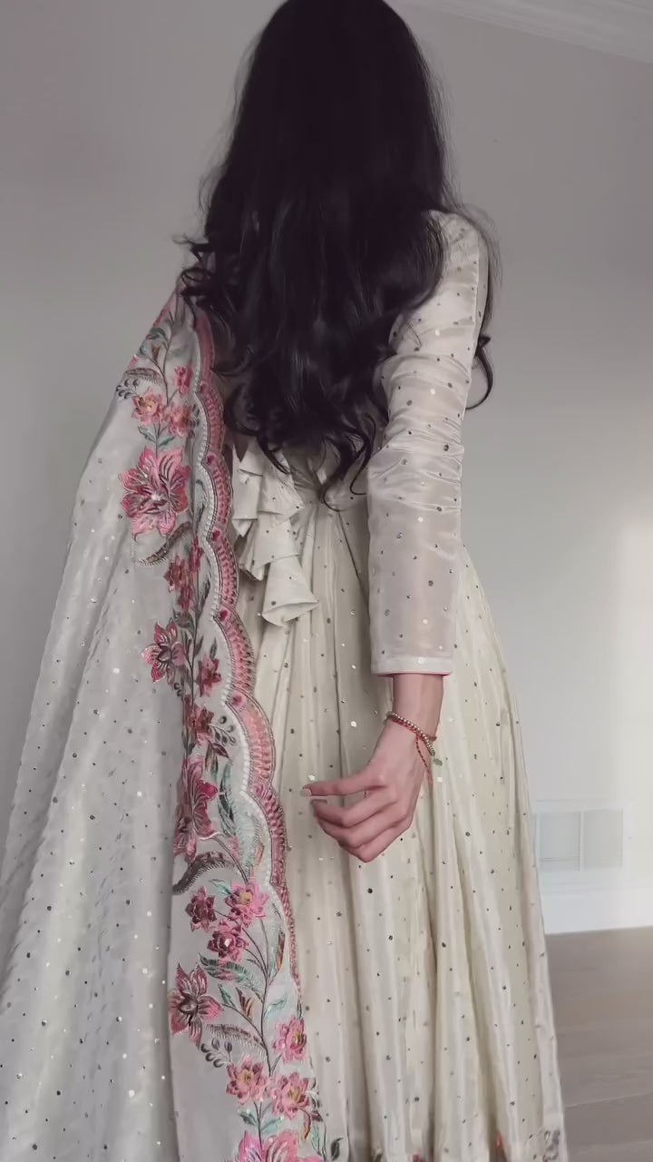Elegant Off-White Vichitra Silk Anarkali Gown with Floral Sequin Embroidery