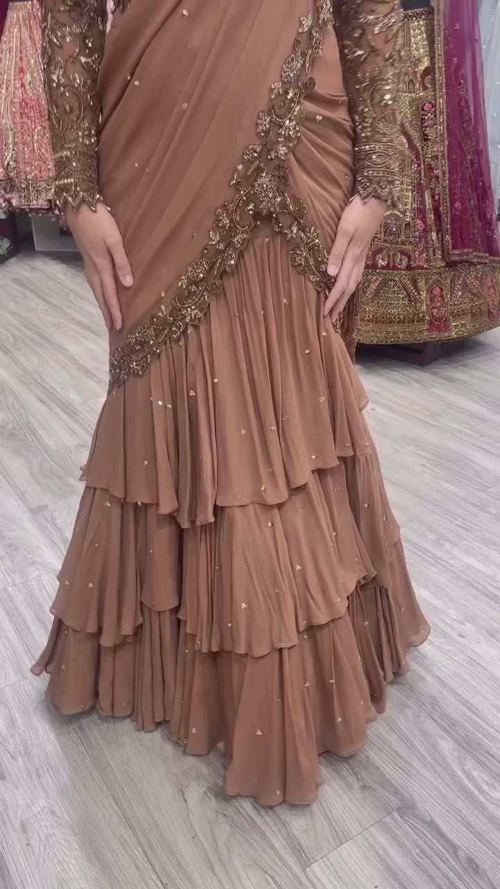 Brown (Chocolate) Georgette Ready-to-Wear Lehenga Saree with Beads Work