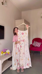 White Floral Heavy Vichitra Silk Anarkali Suit Set with Matching Dupatta (3-Piece)